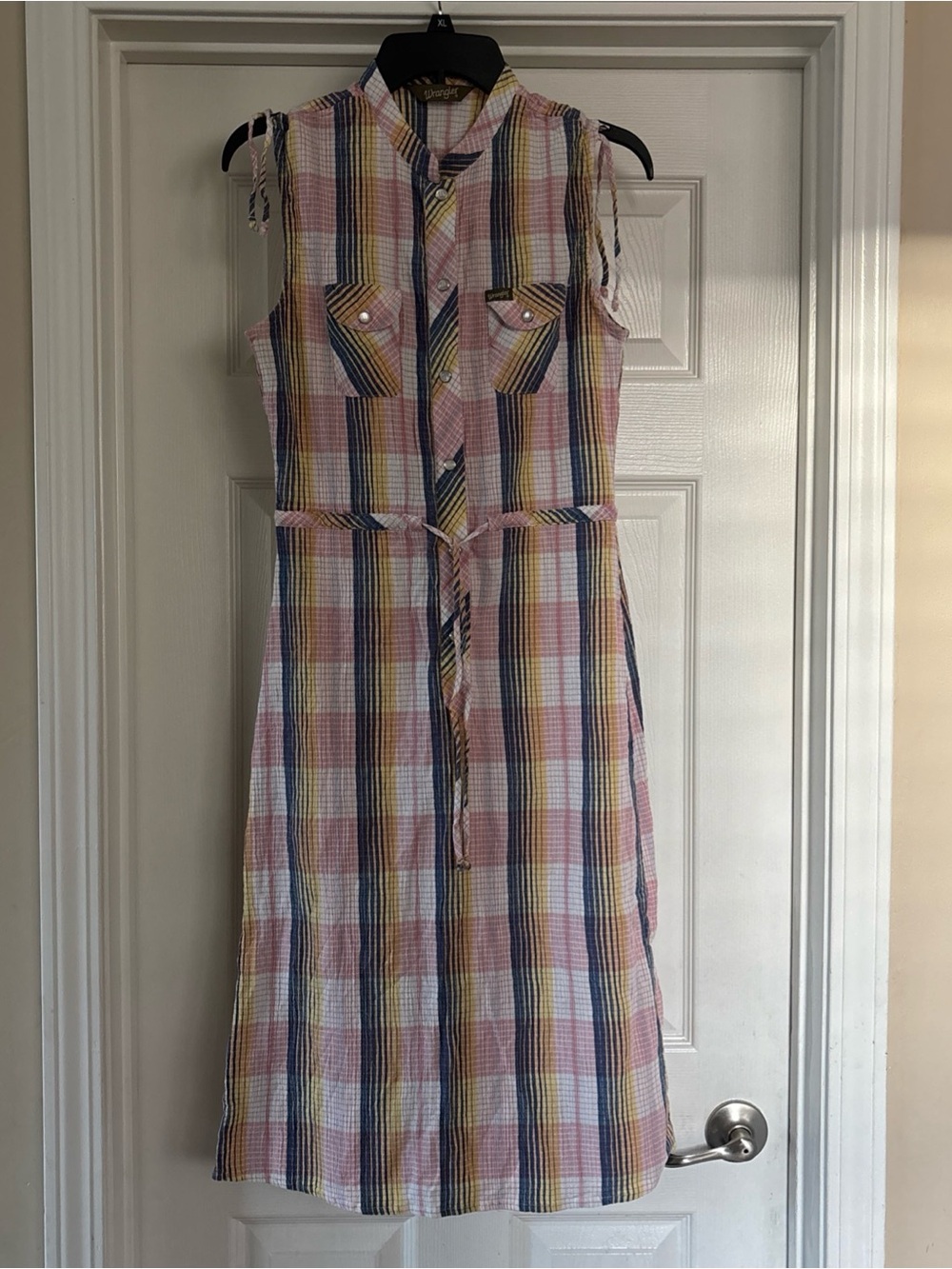 Wrangler sleeveless Plaid Shirt Dress chest pockets drawstring waist Size-M